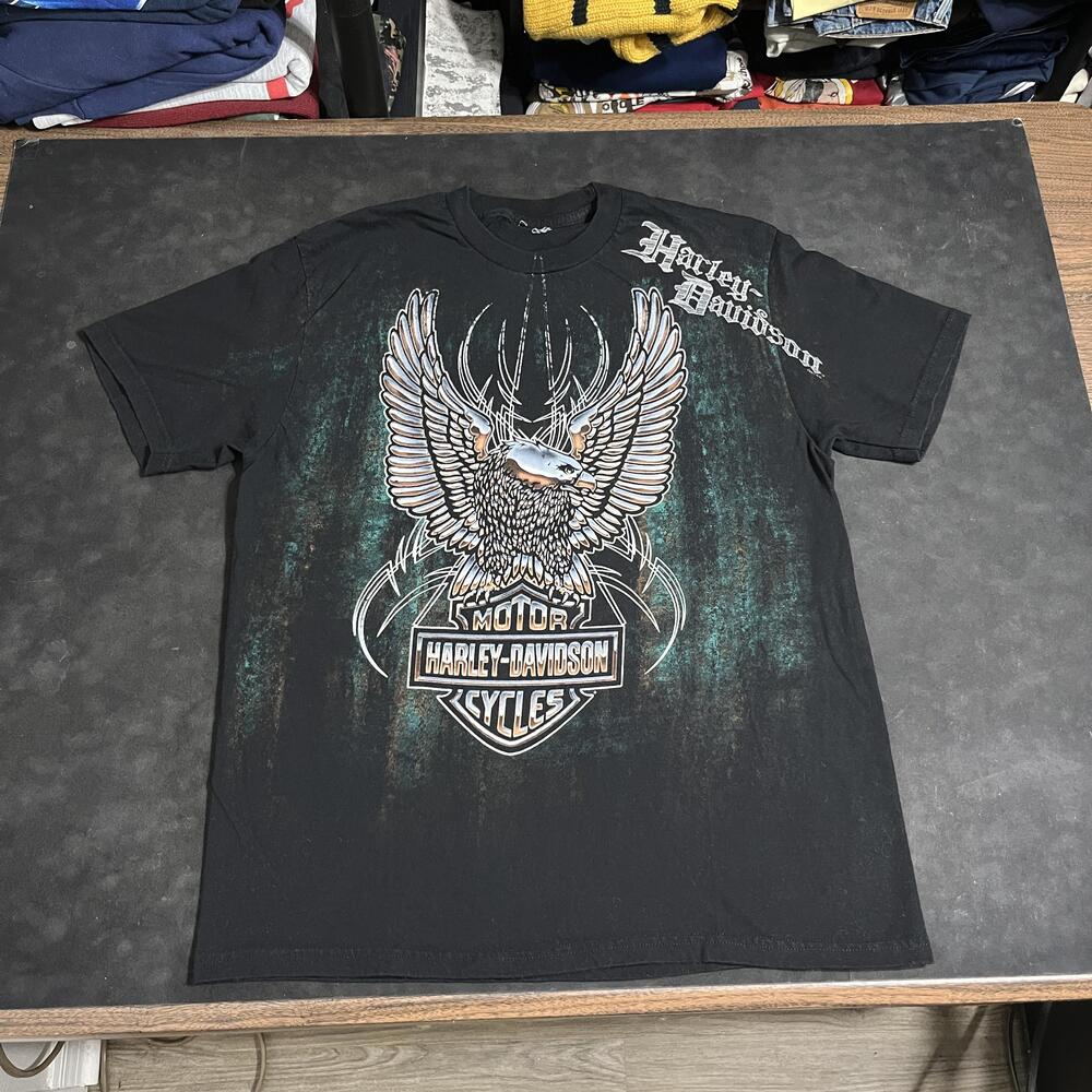 Harley Davidson Roughrider Shirt Vintage All Over Print Eagle Affliction Goth